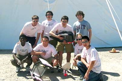 MIT's winning Design/Build/Fly aero-astro team dethroned Oklahoma State in April. Teams members were, back row, from left, Brandon Suarez '09, David Sanchez '09, George Kiwada G and Adam Woodworth '07. Front row (from left): Nii Armar G, Ryan Castonia '09, Carl Engel '07 and Fuzhou Hu '09.