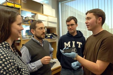 An MIT research team studying gene regulation in mouse and human liver cells has found that master regulatory proteins function differently in the two. From left, post-doc Robin Dowell, Professor Ernest Fraenkel,  graduate student Kenzie MacIsaac and research technician William Gordon discuss their research.