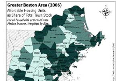 As this map shows, Brookline, for example, is colored dark teal green--indicating that more than 30 percent of its housing units are affordable to those earning 80 percent of the median income.