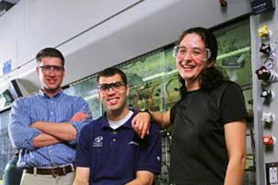 From left, Jim Doughty, environmental health and safety coordinator for the School of Science, chemistry graduate student Ryan Altman and materials science and engineering graduate student Elsa Olivetti are among those spearheading a laboratory education campaign resulting in significant savings and a chance to improve MIT's energy and carbon footprint.