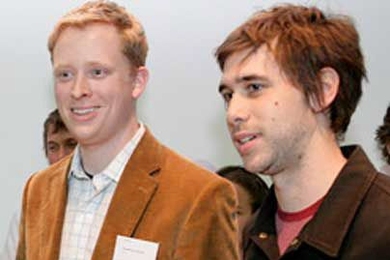 Thaddeus Jusczyk and James Graham at the Holcim Forum 2007 awards ceremony. The two MIT students won first place for their plan to harness the energy of crowds.