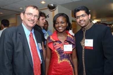 Alumnus Carl King (S.B. 1965), sophomore Patricia Lubwama and senior Raja Bobbili chat at the Sept. 4 opening of iHouse, a new living and learning center for MIT students.