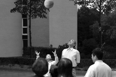 This image, from Belgian artist David Claerbout's "Sections of a Happy Moment," displays a family playing catch.