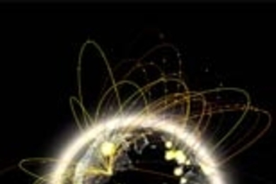 NYTE's Globe Encounters visualizes in real time the volumes
  of Internet data flowing between New York and cities around the world. The
  size of the glow on a particular city location corresponds to the amount of
  IP traffic flowing between that place and New York City. <a href="http://senseable2.mit.edu/nyte/images/hres/01%20nyte%20-%20globe%20encounters.tif"><strong>Full-size image</strong...