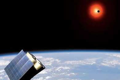 An artist's representation of a proposed satellite that would be used to view distant planets. A planet is transiting a star in the background.