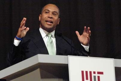 Deval Patrick addresses a crowd at MIT on Earth Day, April 22. The Massachusetts governor told the crowd that positioning the state as a center of innovation and clean energy alternatives could result in significant economic benefits.