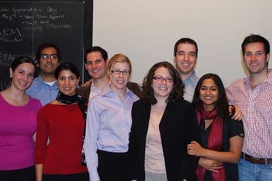MIT Sloan School of Management Board Fellows and program organizers, from left to right, Dana Sakal, MBA '09, organizer co-president; Kaushal Challa '08, Project Walk; Harpreet Singh, MBA '09, organizer, co-president; Matt Albrecht, MBA '08, Museum of Science; Joanna Brownstein, MBA '08, Project Walk; Ellen Correia, MBA '08, ACCION; Yishai Knobel, MBA '08, Fenway High School; Shivani Garg, MBA '08...