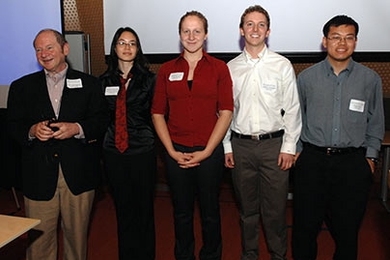 Electrical Engineering and Computer Science Professor Hal Abelson, left, stands proudly with students who won the Google Android Prize, just after their presentation. They are Christina Wright,senior in electrical engineering and computer science, Claire Bayley,sophomore in physics, Carter Jernigan, senior in electrical engineering and computer science, and Jasper Lin, senior in math.