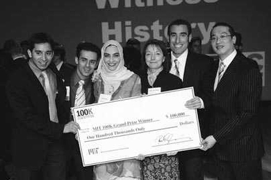 Members of the grand-prize-winning team in the MIT 100k Competition, from left to right, Krishna Yeshwant, Roozbeh Ghaffari, Hayat Sindi, Carol Waghorne, Jon Puz, Gilbert Tang.