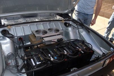 The state of the art batteries used to Porsche into an electric car, shown installed in the trunk.