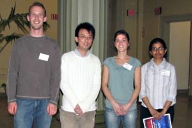 Graduate student winners (left to right): Jared Toettcher (3rd place), Clement Tsz Yan Chan (2nd place), Erika Noonan (2nd place), and Aarthi Chandrasekaran (1st place).