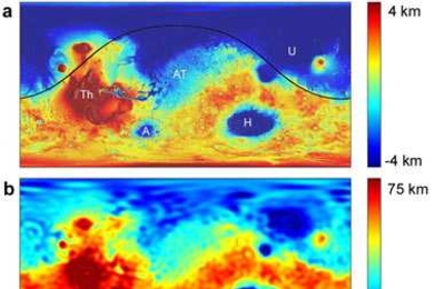 These images show the topography (a) and crustal thickness (b) of Mars (cylindrical projection). Main features labelled in (a) include Tharsis (Th), Arabia Terra (AT), Hellas (H), Argyre (A), and Utopia (U), as well as the Borealis basin outline (solid line).
