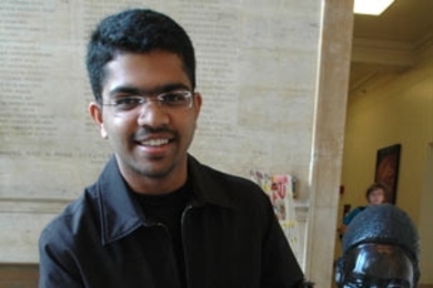 D-Lab student Raja Bobbili, a junior in electrical engineering, manned the crafts sale in Lobby 10 on Sept. 29, 2005, as part of MIT's International Development Forum. Students in MIT's D-Lab, a series of courses that focus on international development, bring back crafts from course field trips to Haiti, Honduras and other developing countries, sell them locally and send the proceeds back to the a...
