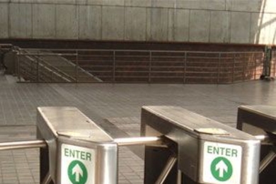 Turnstiles at MBTA Alewife station.
