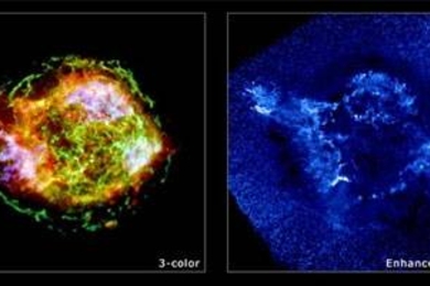 Image from the Chandra X-ray observatory shows remnants of supernova Cassiopeia A, and picks out the different X-ray signatures of elements such as iron and silicon that sprayed out in the explosive death of a star.