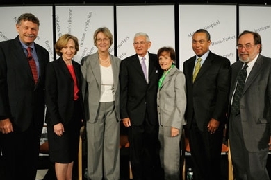 From left to right, Broad Institute Director Eric Lander, MIT President Susan Hockfield, Harvard President Drew Gilpin Faust, Eli and Edythe Broad, Massachusetts Gov. Deval Patrick and Nobel Laureate David Baltimore of Caltech at the Sept. 4 press conference announcing the Broad's $400 million gift.