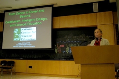 Louise Mead of the National Center for Science Education, speaks to an MIT audience on the movement against the teaching of evolution.