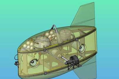 Schematic shows Odyssey IV, a small, inexpensive, MIT-designed robotic submarine that can hover in place like a helicopter.