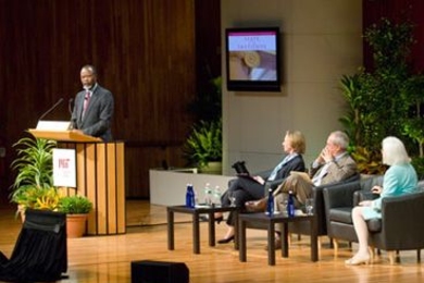 MIT Chancellor Phillip Clay gives his address during the State of the Institute Forum at Kresge Auditorium on Monday, Sept. 29. To his left are President Susan Hockfield, Provost Rafael Reif and Vice President and Treasurer Theresa Stone.
