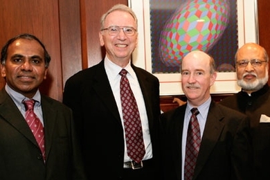 From left are NAE members Subra Suresh, MIT dean of engineering; Irwin Jacobs '57 M.S., '59 Sc.D.; and professors Robert Armstrong and Arvind. Armstrong and Arvind were elected members in 2008.