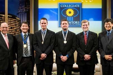 From left to right: Richard Maulsby (United States Patent and Trademark Office), Timothy Lu (grand winner, MIT), Greg Schroll (undergraduate winner, MIT), Paul Podsiadlo (graduate winner, University of Michigan), Neil Conan (NPR host) and Jeff Pan (Abbott representative who was also a judge).