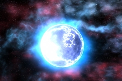A 3-D representation of Cas A. The green region is mostly iron observed in X-rays; the yellow is mostly argon and sillicon; the red is cooler debris and the blue region is the outer blast wave.