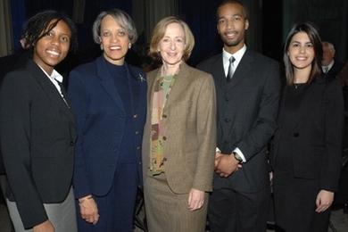 From left, graduate student Joy Johnson, keynote speaker Johnnetta Cole, President Susan Hockfield, senior Matt Gethers and senior Ana Lorena Ramos MaltÃ©s gather following the 35th annual MLK Breakfast Celebration. <a onclick="MM_openBrWindow('mlk-2-enlarged.html','','width=509, height=583')">
<span onmouseover="this.className='cursorChange';">
<strong>Open image gallery</strong>
</span>
</a>
<...