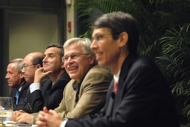 A panel of MIT faculty experts convened in October to discuss current economic news. The same panal will reconvene Tuesday, March 31 to discuss the economic climate and how it has changed in the last sixth months. From left are William Wheaton, Andrew Lo, Ricardo Caballero, Bengt Holmstrom and James Poterba.