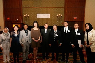 From left to right, Yasmeen Al-Dawsari, Dahlia Alkekhia, Lorenz Brown, Danielle Issa, Sami Shalabi,Â Mostafa El-Sayed, Hussam Busfar,Â Mohamed Zaghoo and Iman Kandil at the MIT Arab Students' Organization's Sixth Annual Science and Technology Awards Banquet on Saturday, April 11.