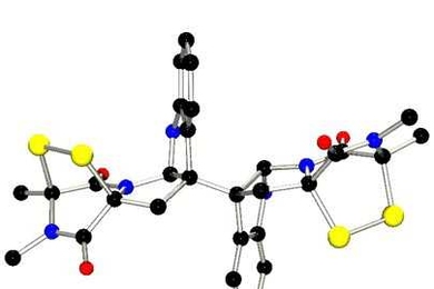Structural diagram of  (+)-11,11'-Dideoxyverticillin A. MIT chemists recently synthesized the compound, which has shown anti-cancer activity, for the first time.