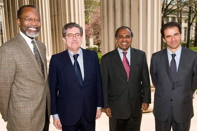 MIT hosted a visit this week by Portuguese government officials to discuss the future of the MIT-Portugal Program. From left: Chancellor Phillip Clay; José Mariano Gago, Portugal's Minister of Science, Technology and Higher Education; Dean Subra Suresh, School of Engineering; and Manuel Heitor, Portuguese Secretary of State for Science, Technology, and Higher Education.