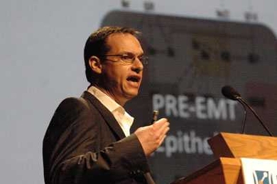 Frank Gertler, professor of biology at MIT, speaks during this year's Koch Institute symposium on "Understanding Metastasis."