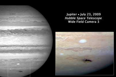 This Hubble Space Telescope picture is the sharpest visible-light picture taken of the slowly-expanding impact feature, whose diameter is more than twice the coast-to-coast size of the United States. The combination of Hubble data with mid-infrared images from ground-based telescopes will give astronomers an insight into the nature of changes in Jupiter's atmosphere from the impact.