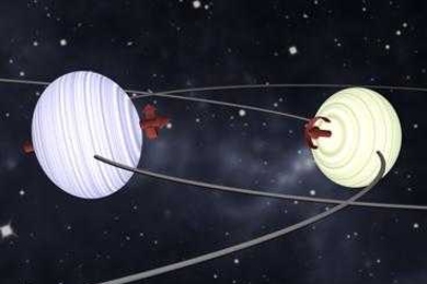 This artist's conception of the double-star system DI Herculis illustrates the key findings from the new research. Spectroscopic observations showed that the two stars are both tipped over almost horizontally, relative to the plane of their orbits around each other. Because they are rotating rapidly which creates equatorial bulges, the tidal interactions between the two slows down a regular variat...