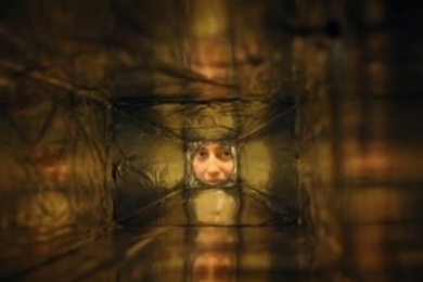 An inside view of a neutron detector in development at MIT's Laboratory for Nuclear Science. Pappalardo Fellow Jocelyn Monroe, is seen through the detector.