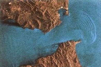 A satellite image of internal waves (with a wavelength of about 2 kilometers), which are generated by flow from the the Atlantic ocean to the Mediterranean Sea, at the east of Gibraltar and Ceuta.