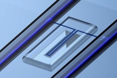 This schematic drawing shows the sensor Manalis and colleagues built to weigh single cells. Cells flow through a channel (dark blue lines) that carries them to the end of a vibrating cantilever and back.