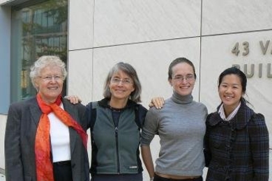 A unique lineage of four teachers and students, in MIT's Department of Brain and Cognitive Sciences. From left: Professors Mary Potter and Nancy Kanwisher; Assistant Professor Rebecca Saxe; and postdoctoral associate Liane Young.