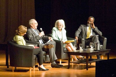 From left to right: President Susan Hockfield, Provost L. Rafael Reif, Executive Vice President and Treasurer Theresa M. Stone and Chancellor Phillip Clay answer questions from the community during the State of the Institute forum on Wednesday.