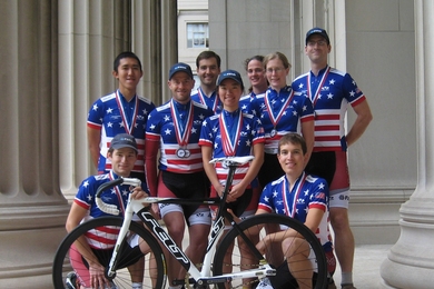 The 2009 MIT Track Cycling National Team 
From L-R, Back Row: Guo-Liang Chew, Matt Blackburn, Martha Buckley, Nick Loomis
Middle: Mike Garrett, Yuri Matsumoto, Laura Ralston
Front: Zach Labry, Tim Humpton
not pictured: Jose Soltren 