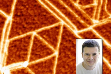 Pablo Jarillo-Herrero (inset) has won a 2009 David and Lucile Packard Fellowship. The image here shows the crystallographic structure of graphene, a novel material that Jarillo-Herrero plans to study with his Packard grant.