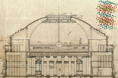 The Great Dome at MIT, shown here in an architectural draft, includes a cement liner that seals and secures the sandstone overlay. In research published earlier this year in the Proceedings of the National Academy of Sciences, a group of MIT researchers used computational materials science techniques to decode for the first time the three-dimensional structure of the basic unit of calcium-silicate...