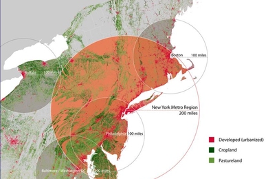 A map of northeastern cities depicts their proposed “foodsheds,” the areas that naturally supply metropolitan areas with their food.