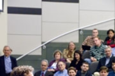 Tony Hayward takes questions from the audience after his lecture.