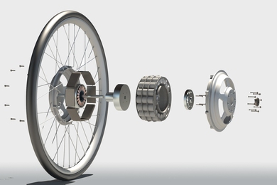 Exploded components of the GreenWheel from SA+P's Mobile Experience Lab and Smart Cities Group, a regenerative electric motor that can be adapted to any bicycle.