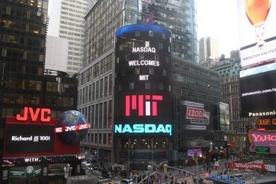 MIT is featured on the seven-story-tall NASDAQ screen in Times Square.