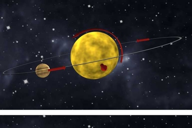 The panels show two possibilities for the bizarre orbit of HAT-P-7b. The top panel shows a "polar" orbit in which the planet goes over the north and south poles of the star. The bottom panel shows a "retrograde" orbit in which the planet revolves in the opposite direction as the star's rotation. Astronomers cannot distinguish these two possibilities because the exact orientation of the star's rota...