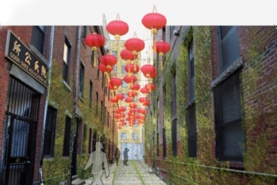 View down restored historic alley.