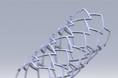 Pictured is a fully expanded three dimensional model of a stent having a repeated "delta-wing" shape cell design.