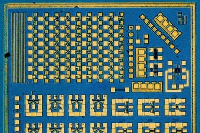 A test chip used to evaluate the performance of indium gallium arsenide in logic circuits.